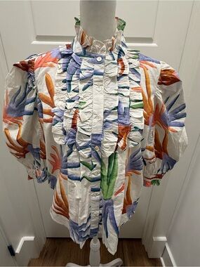 Oliphant. Ruffle Front Button Blouse. Fortuna Green Print. Size Small.